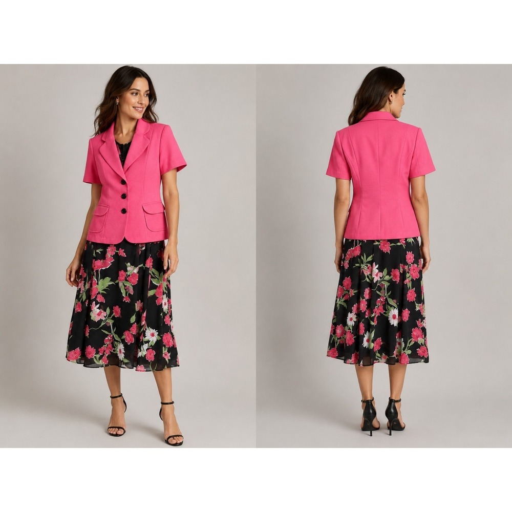 Studio I 2 Piece Dress Suit Womens 22W Pink Blazer Black Floral Sleeveless Dress